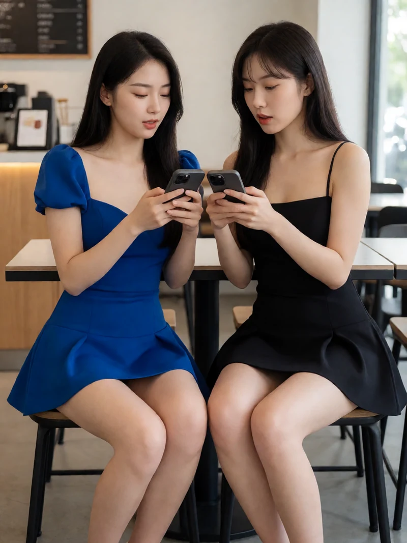 两名虚构成年女性穿蓝黑色不透明短裙坐在咖啡馆用手机交流