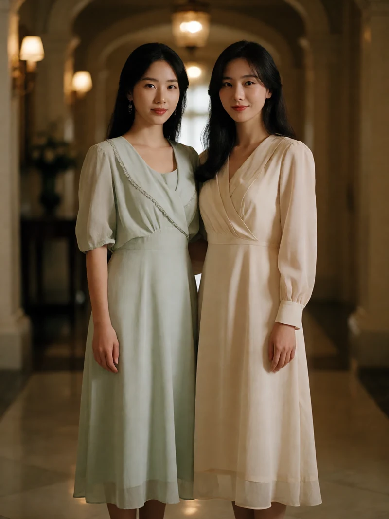 两名虚构成年韩国女性穿不透明复古礼服站在电影感走廊中央
