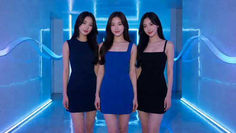 蓝色导航主题图：三名虚构成年亚洲女性穿蓝黑色现代服装站在霓虹走廊中央