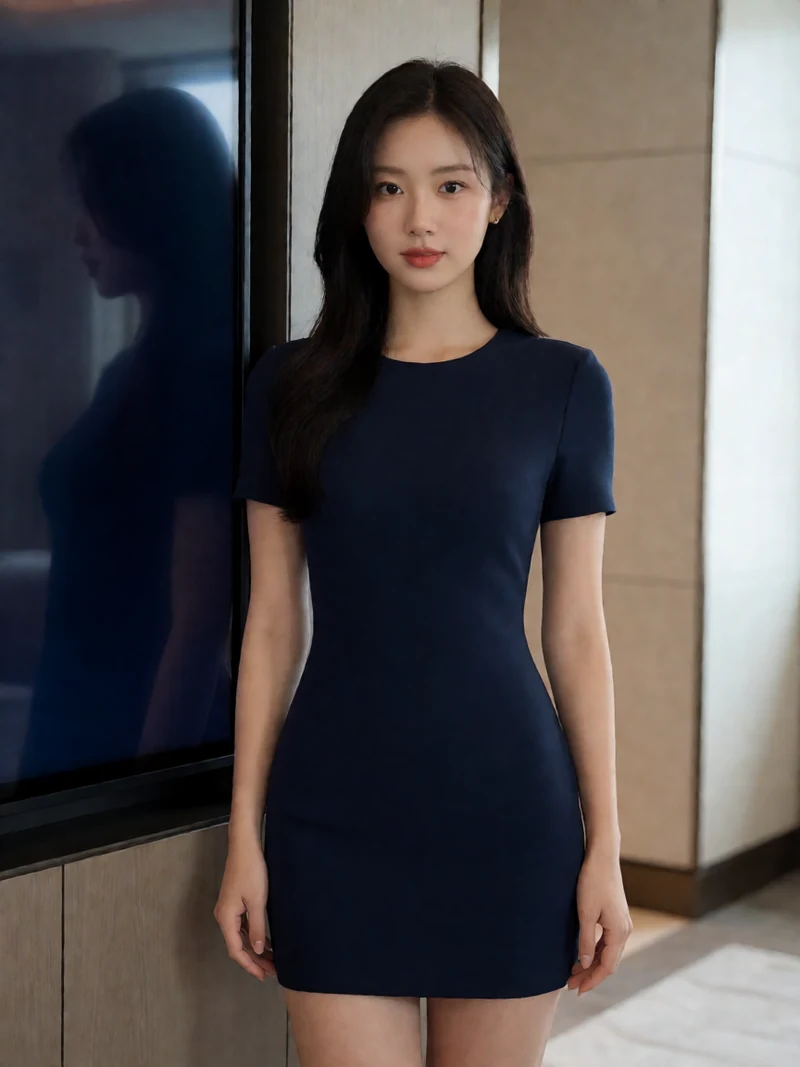 虚构成年女性穿深蓝色不透明短裙在室内屏幕前浏览短片类别